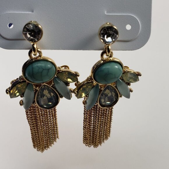 Turquoise & Citrine Crystal Chandelier Earrings – Gold Fringed Sparkling Gem - Picture 6 of 8